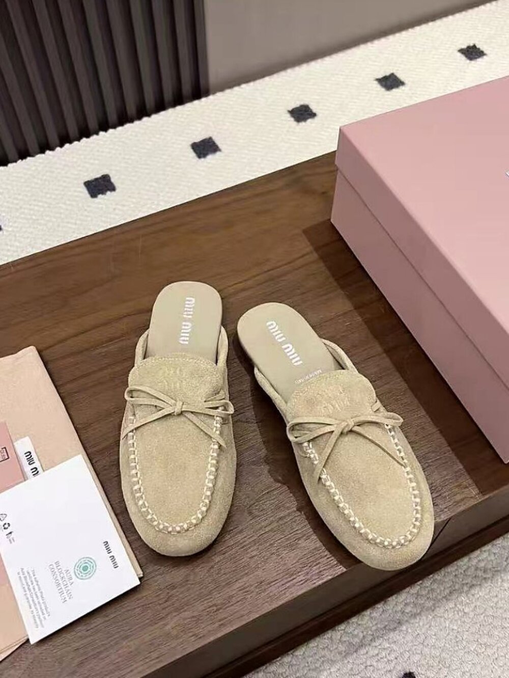 MIU MIU Beige Suede Bow Loafer Mules